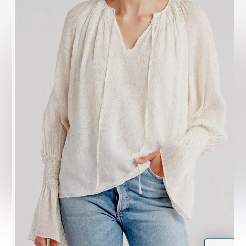 Nwt $385 Ramy Brook Sz Small Top Peasant Blouse Ivory Gold Dots Long Sleeves